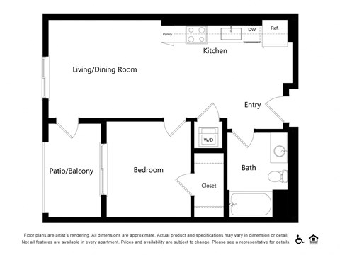 Floor plan for 1 bed, 1 bath, 645 sqft